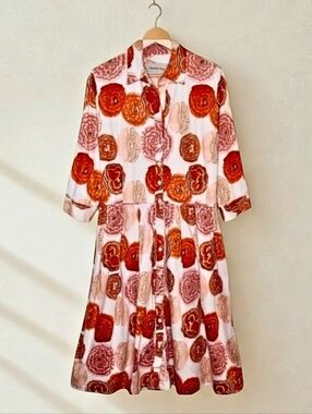 SAMANTHA SUNG Poppy Printed Audrey Midi Shirt Dress in Orange/White Combo • Sz 8